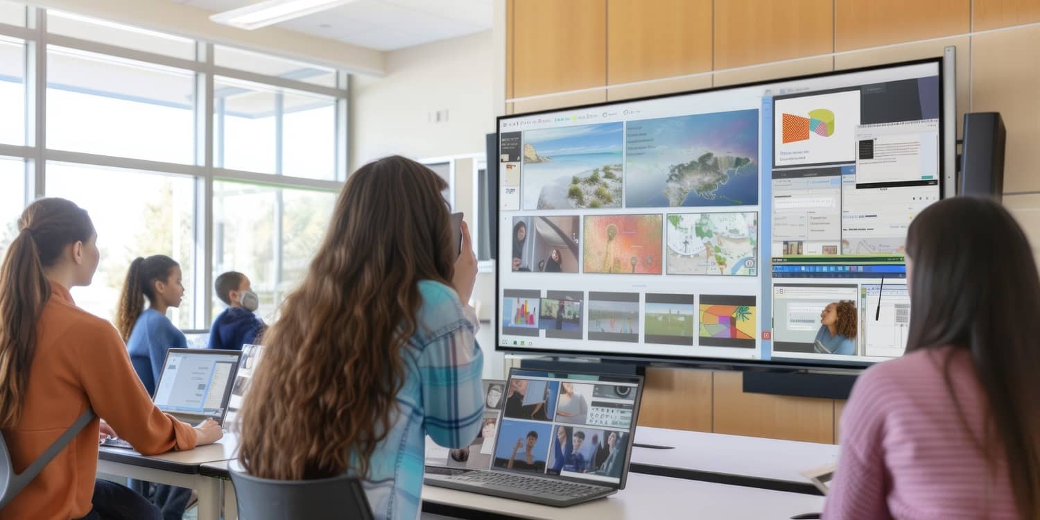 Students and teacher interacting with digital tools in a smart classroom.